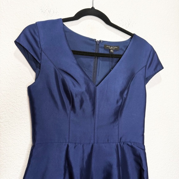 Halston Heritage High Low Sateen Cocktail Dress Mini Structured Cap Sleeve - Picture 6 of 14